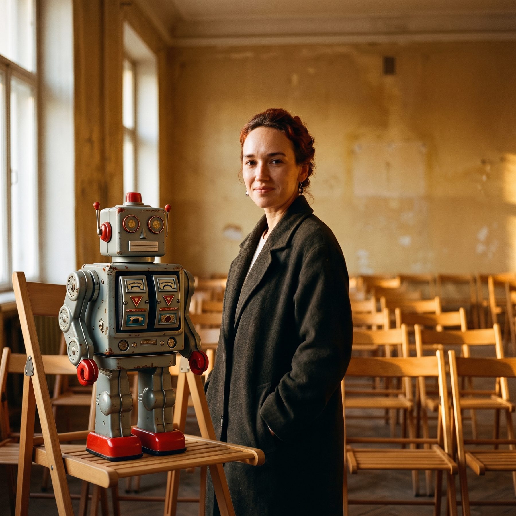 A woman standing beside a retro robot in a lecture hall