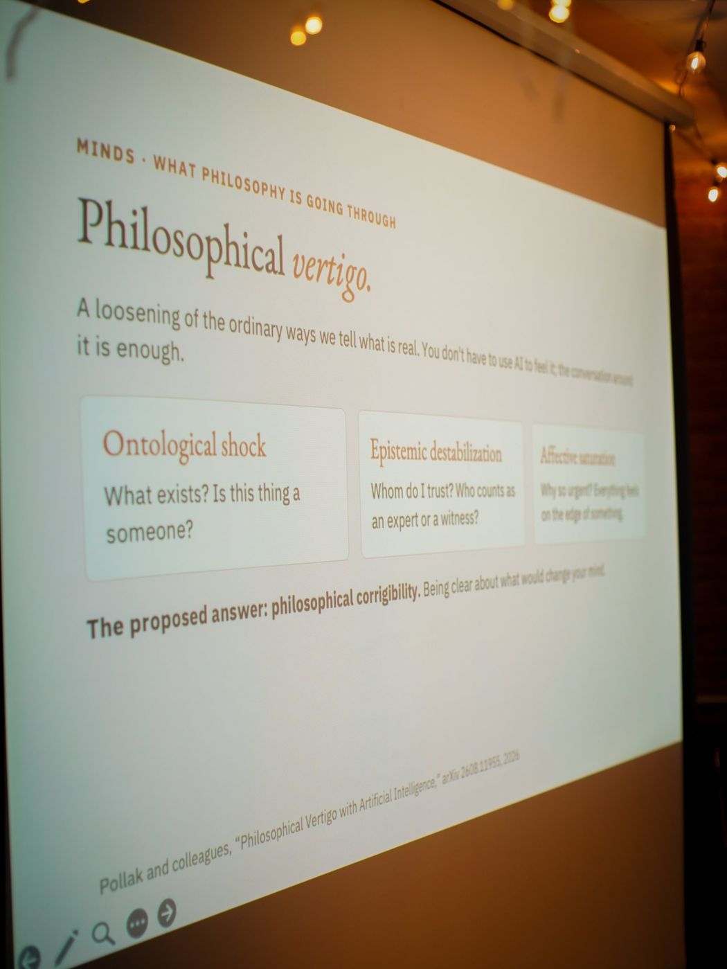 A projected slide headed “Philosophical vertigo” with three cards: ontological shock, epistemic destabilization and affective saturation