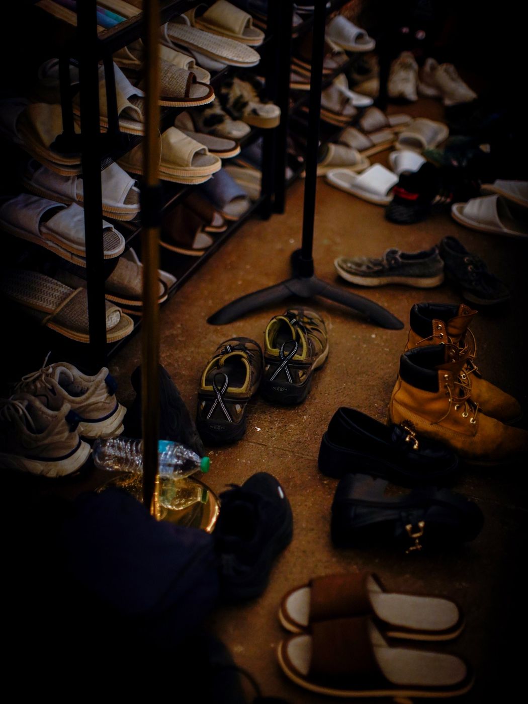 Shoes and slippers on and around a rack by the door